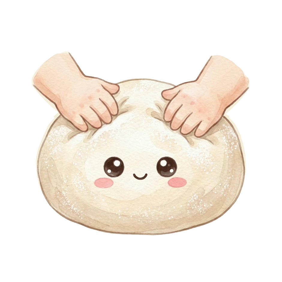 Cute illustrated dough with a kawaii face, folded and kneaded by two small cartoon hands