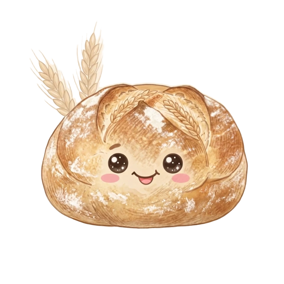 Cute illustrated sourdough boule with a friendly kawaii face and flour-dusted crust