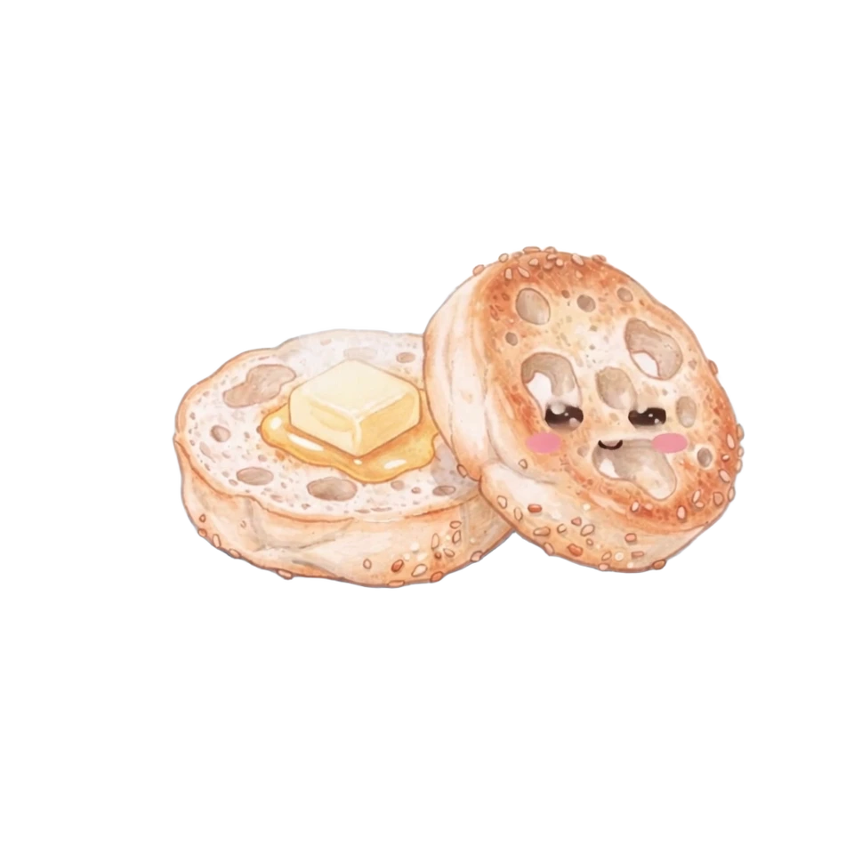 Cute illustrated English muffin with a kawaii face, butter, and nooks and crannies